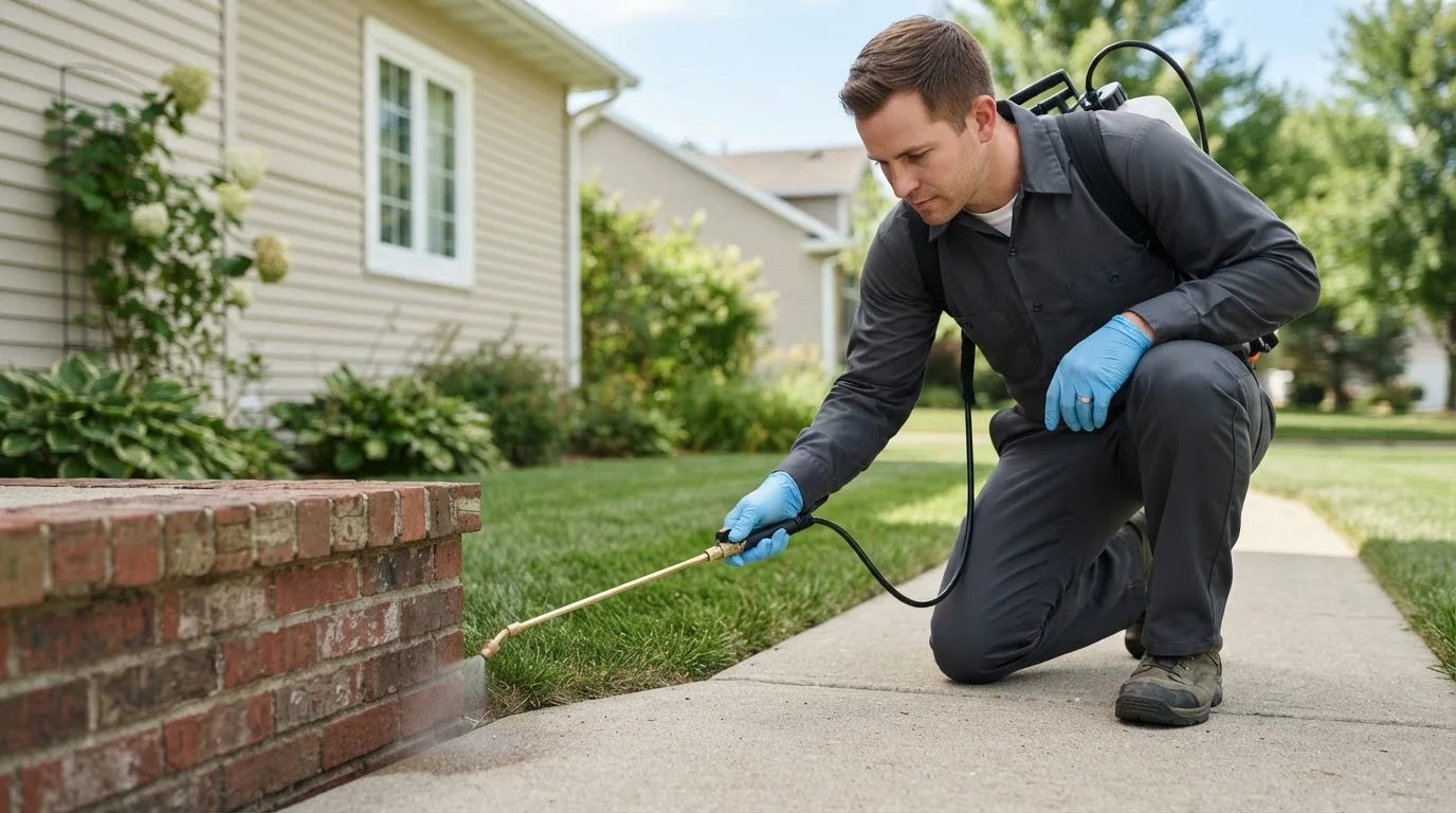 Pest control technician treating a home near Freeburg, IL