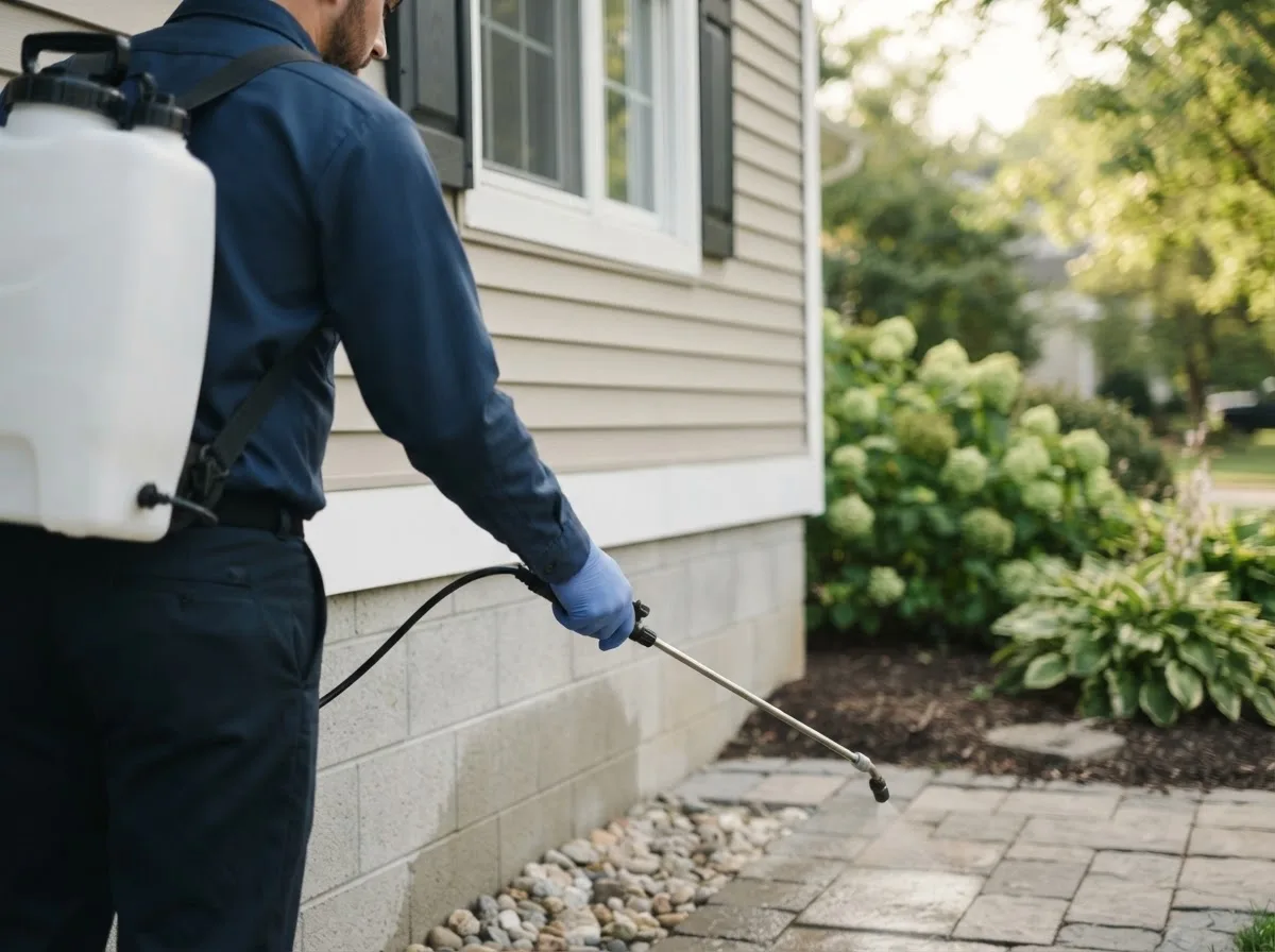 Pest control technician inspecting a home in Freeburg, IL